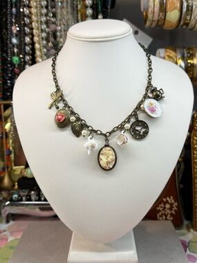 Vintage Floral Charm Necklace - Bronze with Pink and Cream Charms